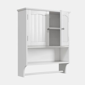 Armário de casa de banho com 2 prateleiras - com toalheiro de parede, ajustável, para cozinha e casa de banho - Branco