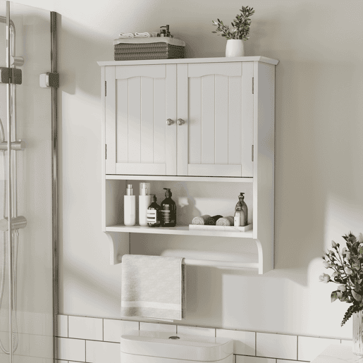 Armário de casa de banho com 2 prateleiras - com toalheiro de parede, ajustável, para cozinha e casa de banho - Branco