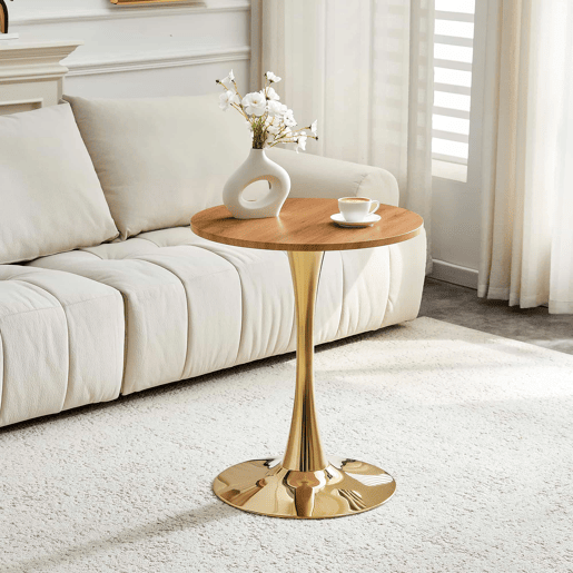 Mesa auxiliar redonda 60 cm - tampo em MDF com tecnologia termoformada, acabamento efeito madeira natural, base dourada - madeira natural e dourado