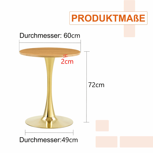 Mesa auxiliar redonda 60 cm - tampo em MDF com tecnologia termoformada, acabamento efeito madeira natural, base dourada - madeira natural e dourado