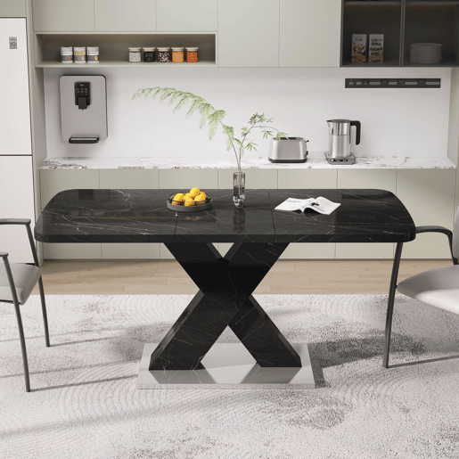 Mesa de jantar extensível 120-160 cm - Mármore preto impresso, pernas em MDF X metal - Preto Mesa de jantar extensível 120-160 cm - Mármore preto impresso, pernas em MDF X metal - Preto
