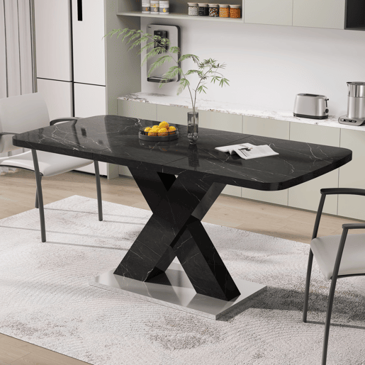 Mesa de jantar extensível 120-160 cm - Mármore preto impresso, pernas em MDF X metal - Preto Mesa de jantar extensível 120-160 cm - Mármore preto impresso, pernas em MDF X metal - Preto