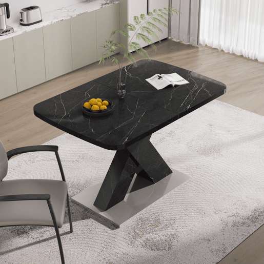 Mesa de jantar extensível 120-160 cm - Mármore preto impresso, pernas em MDF X metal - Preto Mesa de jantar extensível 120-160 cm - Mármore preto impresso, pernas em MDF X metal - Preto