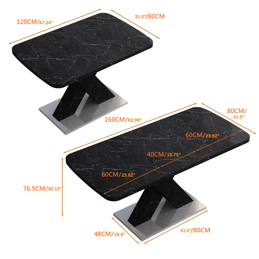 Mesa de jantar extensível 120-160 cm - Mármore preto impresso, pernas em MDF X metal - Preto Mesa de jantar extensível 120-160 cm - Mármore preto impresso, pernas em MDF X metal - Preto