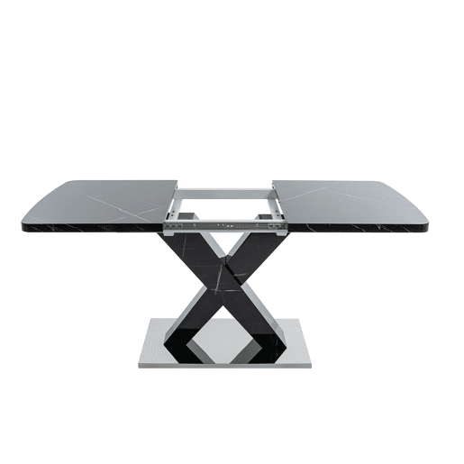 Mesa de jantar extensível 120-160 cm - Mármore preto impresso, pernas em MDF X metal - Preto Mesa de jantar extensível 120-160 cm - Mármore preto impresso, pernas em MDF X metal - Preto