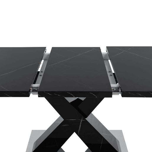 Mesa de jantar extensível 120-160 cm - Mármore preto impresso, pernas em MDF X metal - Preto Mesa de jantar extensível 120-160 cm - Mármore preto impresso, pernas em MDF X metal - Preto