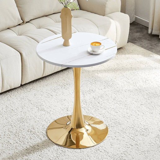 Mesa auxiliar redonda 60 cm - MDF termoformado, pé de apoio dourado - Branco+Dourado