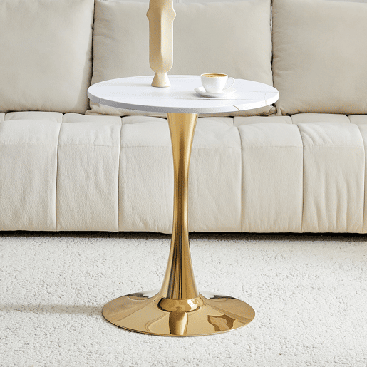 Mesa auxiliar redonda 60 cm - MDF termoformado, pé de apoio dourado - Branco+Dourado