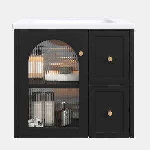Móvel de casa de banho suspenso 60x47 cm - Lavatório em cerâmica, LED, porta em vidro canelado, puxadores metálicos, fecho suave - Preto