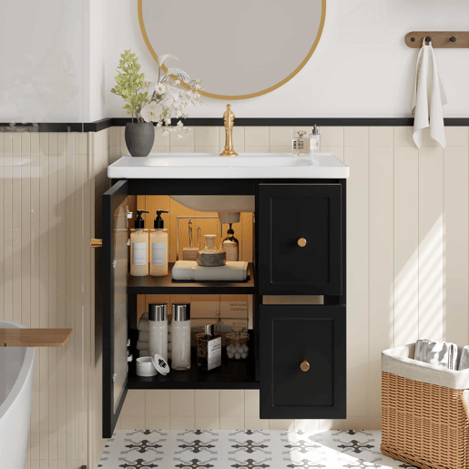 Móvel de casa de banho suspenso 60x47 cm - Lavatório em cerâmica, LED, porta em vidro canelado, puxadores metálicos, fecho suave - Preto