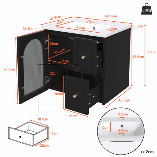 Móvel de casa de banho suspenso 60x47 cm - Lavatório em cerâmica, LED, porta em vidro canelado, puxadores metálicos, fecho suave - Preto