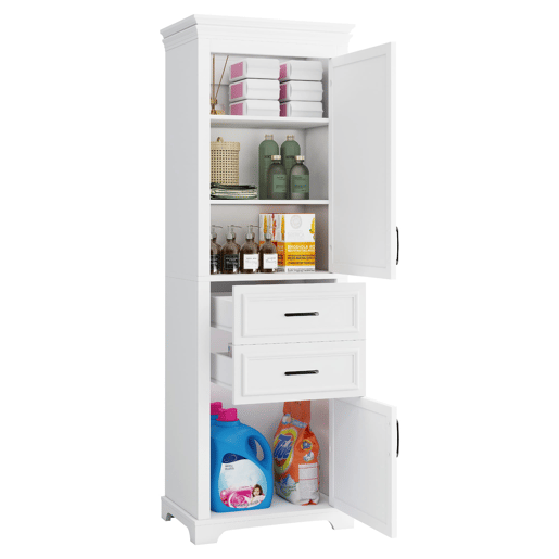 Armário alto de casa de banho 60x40x180 cm - 2 gavetas, prateleiras ajustáveis, fecho suave - branco