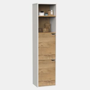 Coluna de banheiro Nadia para montagem na parede, com 2 compartimentos, prateleiras ajustáveis u200Bu200Be 2 armários. Acabamento em carvalho branco fosco e dourado. 37x150x30 cm