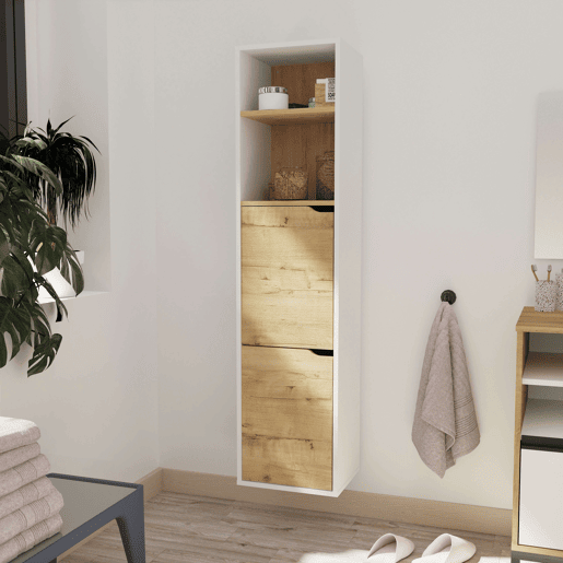 Coluna de banheiro Nadia para montagem na parede, com 2 compartimentos, prateleiras ajustáveis u200Bu200Be 2 armários. Acabamento em carvalho branco fosco e dourado. 37x150x30 cm