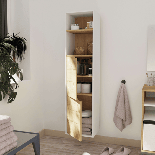 Coluna de banheiro Nadia para montagem na parede, com 2 compartimentos, prateleiras ajustáveis u200Bu200Be 2 armários. Acabamento em carvalho branco fosco e dourado. 37x150x30 cm
