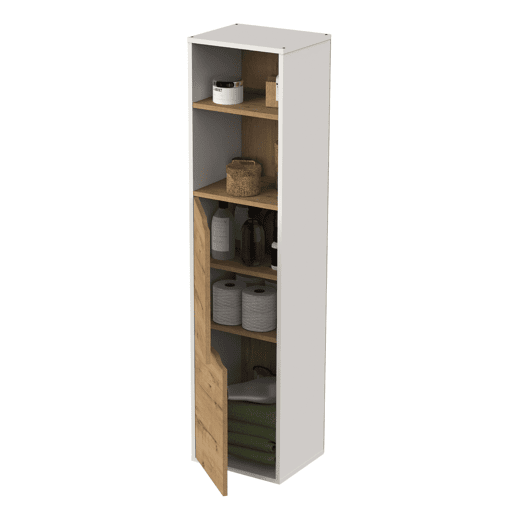 Coluna de banheiro Nadia para montagem na parede, com 2 compartimentos, prateleiras ajustáveis u200Bu200Be 2 armários. Acabamento em carvalho branco fosco e dourado. 37x150x30 cm