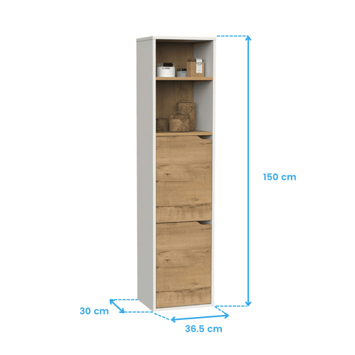 Coluna de banheiro Nadia para montagem na parede, com 2 compartimentos, prateleiras ajustáveis u200Bu200Be 2 armários. Acabamento em carvalho branco fosco e dourado. 37x150x30 cm