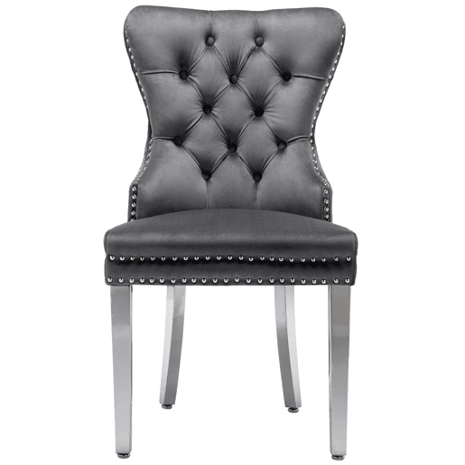 Cadeira de jantar 2 St - Cadeira estofada com tachas, encosto com design de pomo, pernas metálicas, assento de veludo - Cinza