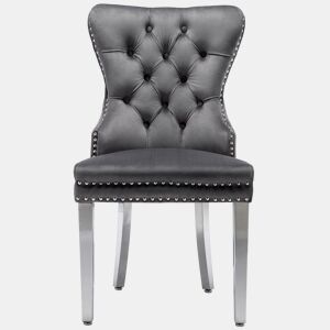 Cadeira de jantar 2 St - Cadeira estofada com tachas, encosto com design de pomo, pernas metálicas, assento de veludo - Cinza
