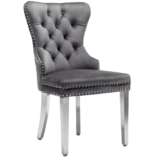 Cadeira de jantar 2 St - Cadeira estofada com tachas, encosto com design de pomo, pernas metálicas, assento de veludo - Cinza