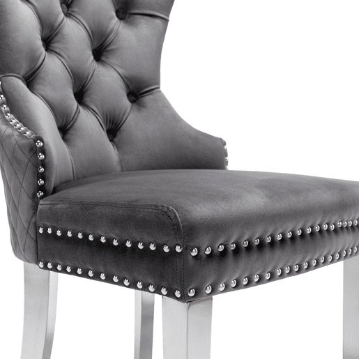 Cadeira de jantar 2 St - Cadeira estofada com tachas, encosto com design de pomo, pernas metálicas, assento de veludo - Cinza