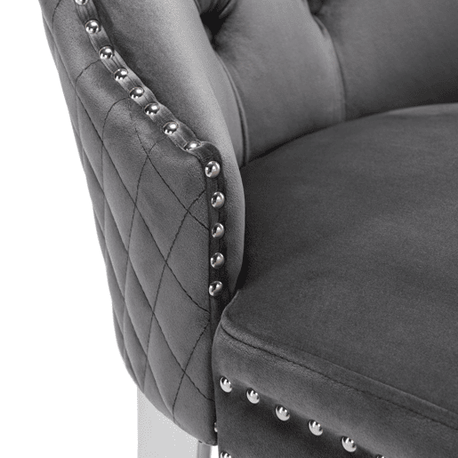 Cadeira de jantar 2 St - Cadeira estofada com tachas, encosto com design de pomo, pernas metálicas, assento de veludo - Cinza