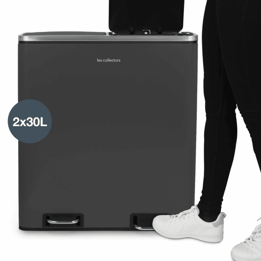 Caixote Reciclagem Pedal 2 Compartimentos 2x30L 60L Les Collectors N°916, Aço Inoxidável, Baldes Removíveis, Fecho Silencioso, Cinzento Escuro