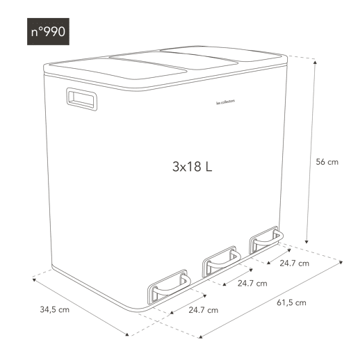 Caixote Reciclagem Pedal 3 Compartimentos 3x18L 54L Les Collectors N°990, Aço Inoxidável, Baldes Removíveis, Fecho Silencioso , Cinzento Antracite
