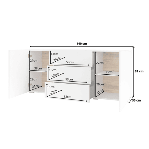 Aparador Glora Branco com 2 portas e 3 gavetas