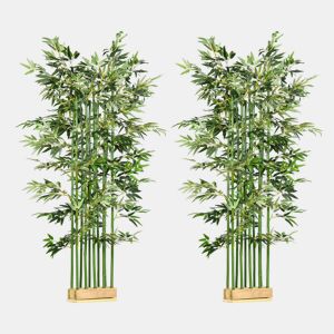 HOMCOM Conjunto de 2 Plantas Artificiais em Vaso de Madeira de Pinho 180cm Bambus Artificiais com 1640 Folhas Realistas Decoração para Interior e Exterior 35x10x180 cm Verde