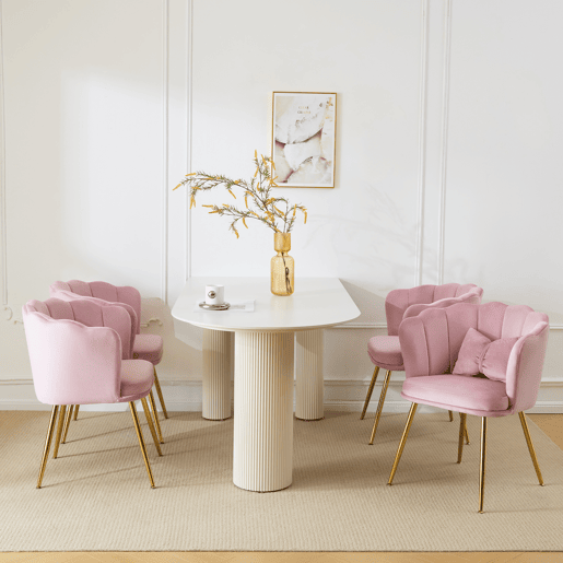 Conjunto de 4 cadeiras modernas de veludo para sala de estar, cadeiras de banho, cadeiras acolchoadas com encosto em forma de pétalas, pernas de metal dourado e almofadas tipo borboleta - Rosa