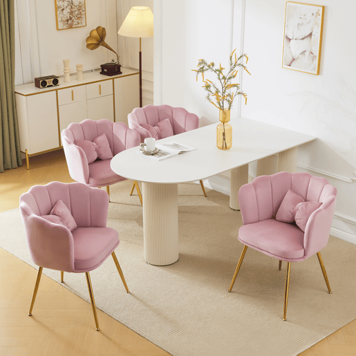 Conjunto de 4 cadeiras modernas de veludo para sala de estar, cadeiras de banho, cadeiras acolchoadas com encosto em forma de pétalas, pernas de metal dourado e almofadas tipo borboleta - Rosa