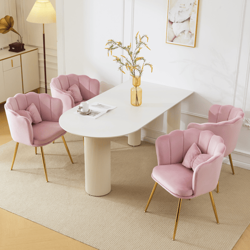 Conjunto de 4 cadeiras modernas de veludo para sala de estar, cadeiras de banho, cadeiras acolchoadas com encosto em forma de pétalas, pernas de metal dourado e almofadas tipo borboleta - Rosa
