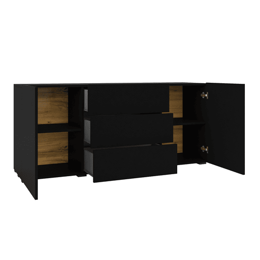 Glora Preto Aparador de 2 portas e 3 gavetas