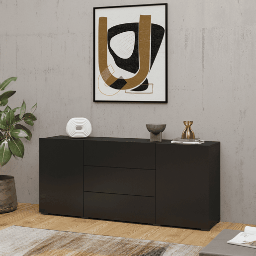 Glora Preto Aparador de 2 portas e 3 gavetas