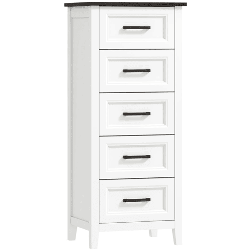 HOMCOM Cómoda 5 Gavetas Cómoda de Dormitório Estreita e Alta com Bancada com Efeito Madeira Cómoda para Espaços Reduzidos 45x35x106 cm Branco