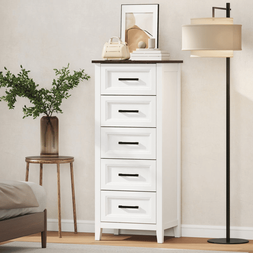 HOMCOM Cómoda 5 Gavetas Cómoda de Dormitório Estreita e Alta com Bancada com Efeito Madeira Cómoda para Espaços Reduzidos 45x35x106 cm Branco