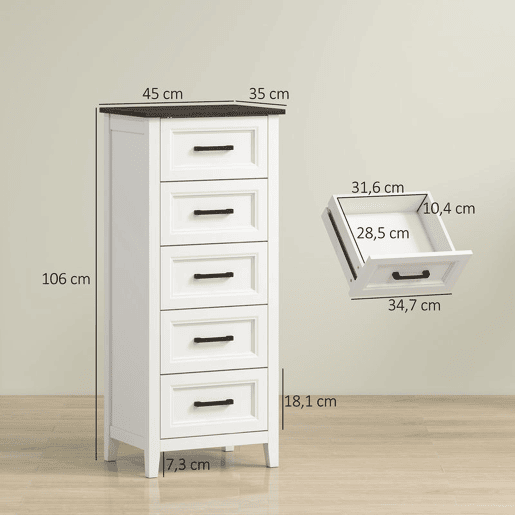 HOMCOM Cómoda 5 Gavetas Cómoda de Dormitório Estreita e Alta com Bancada com Efeito Madeira Cómoda para Espaços Reduzidos 45x35x106 cm Branco