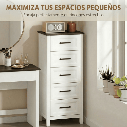 HOMCOM Cómoda 5 Gavetas Cómoda de Dormitório Estreita e Alta com Bancada com Efeito Madeira Cómoda para Espaços Reduzidos 45x35x106 cm Branco