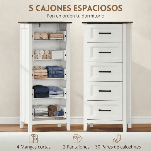 HOMCOM Cómoda 5 Gavetas Cómoda de Dormitório Estreita e Alta com Bancada com Efeito Madeira Cómoda para Espaços Reduzidos 45x35x106 cm Branco