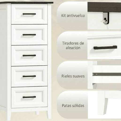 HOMCOM Cómoda 5 Gavetas Cómoda de Dormitório Estreita e Alta com Bancada com Efeito Madeira Cómoda para Espaços Reduzidos 45x35x106 cm Branco