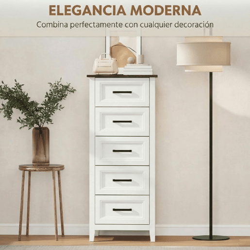 HOMCOM Cómoda 5 Gavetas Cómoda de Dormitório Estreita e Alta com Bancada com Efeito Madeira Cómoda para Espaços Reduzidos 45x35x106 cm Branco