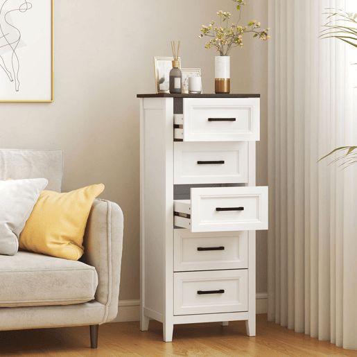 HOMCOM Cómoda 5 Gavetas Cómoda de Dormitório Estreita e Alta com Bancada com Efeito Madeira Cómoda para Espaços Reduzidos 45x35x106 cm Branco