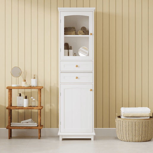 Armário de casa de banho 45x36x160 cm - portas de vidro, 2 armários, 2 gavetas, puxadores dourados - branco