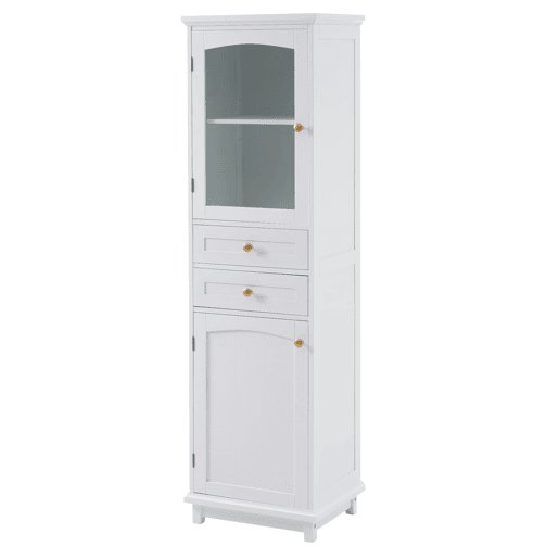 Armário de casa de banho 45x36x160 cm - portas de vidro, 2 armários, 2 gavetas, puxadores dourados - branco