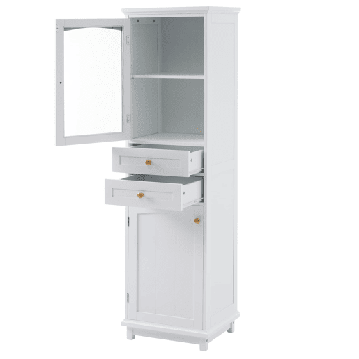 Armário de casa de banho 45x36x160 cm - portas de vidro, 2 armários, 2 gavetas, puxadores dourados - branco