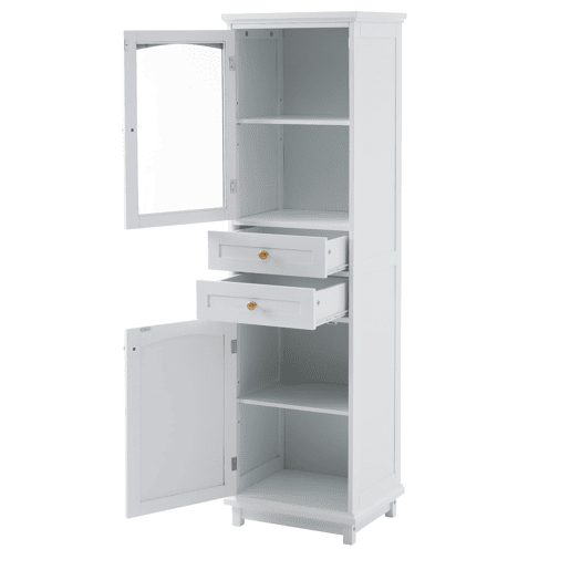 Armário de casa de banho 45x36x160 cm - portas de vidro, 2 armários, 2 gavetas, puxadores dourados - branco