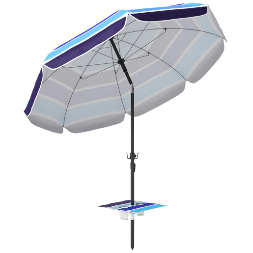 Outsunny Chapéu de Sol de Praia com Mesa Dobrável e Porta-Copos Ø198 cm Chapéu de Sol de Terraço Exterior com Altura Ajustável Inclinação Bolsa de Transporte e Gancho UV30+ Multicolor