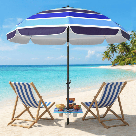 Outsunny Chapéu de Sol de Praia com Mesa Dobrável e Porta-Copos Ø198 cm Chapéu de Sol de Terraço Exterior com Altura Ajustável Inclinação Bolsa de Transporte e Gancho UV30+ Multicolor