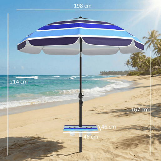 Outsunny Chapéu de Sol de Praia com Mesa Dobrável e Porta-Copos Ø198 cm Chapéu de Sol de Terraço Exterior com Altura Ajustável Inclinação Bolsa de Transporte e Gancho UV30+ Multicolor